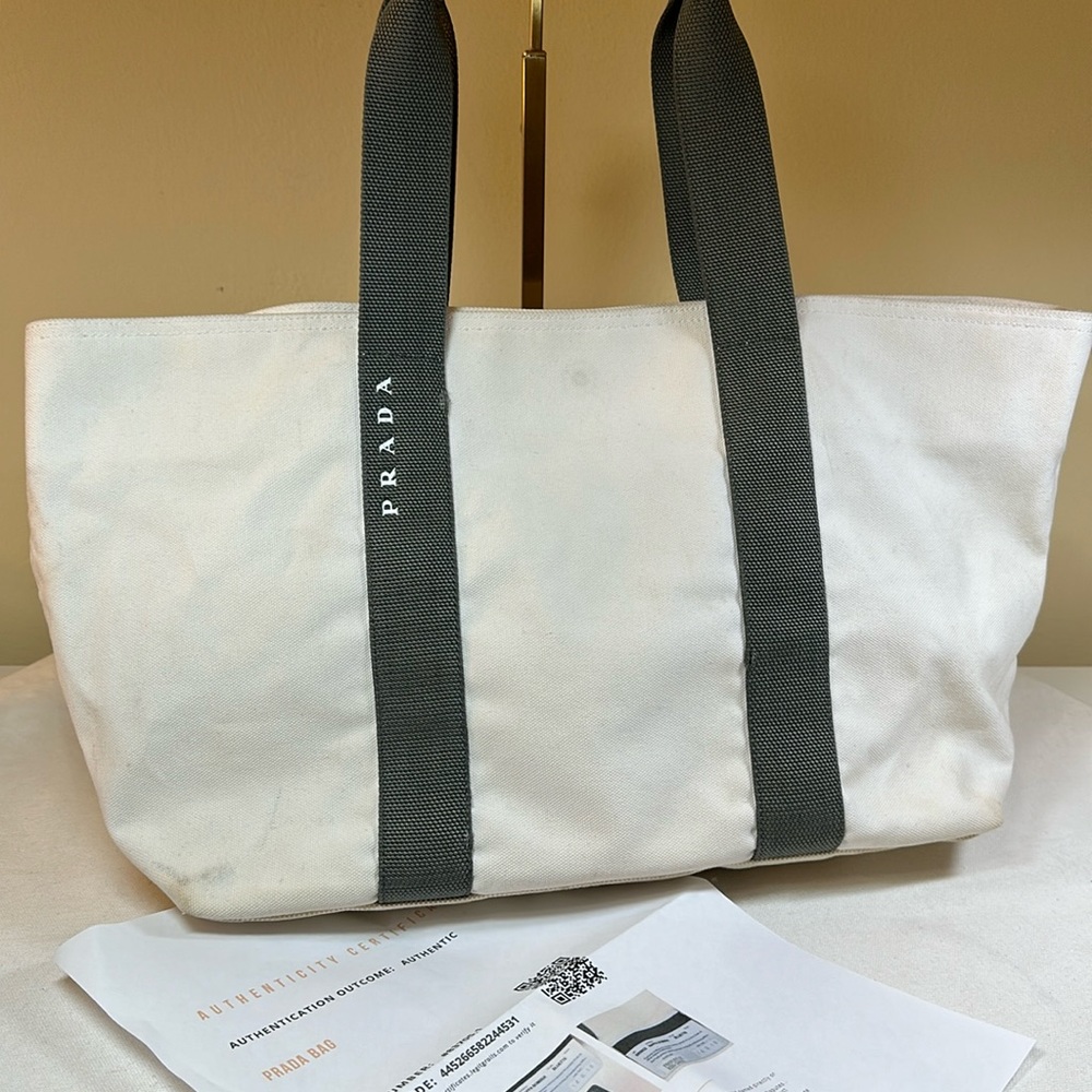 COA Prada White Canvas Tote w/Gray Straps Shoulder Bag, Center Snap to Convert